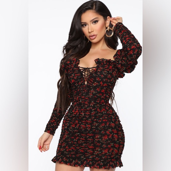 Dresses & Skirts - Fashion Nova Black and Red Floral Mini Dress with Ruffles